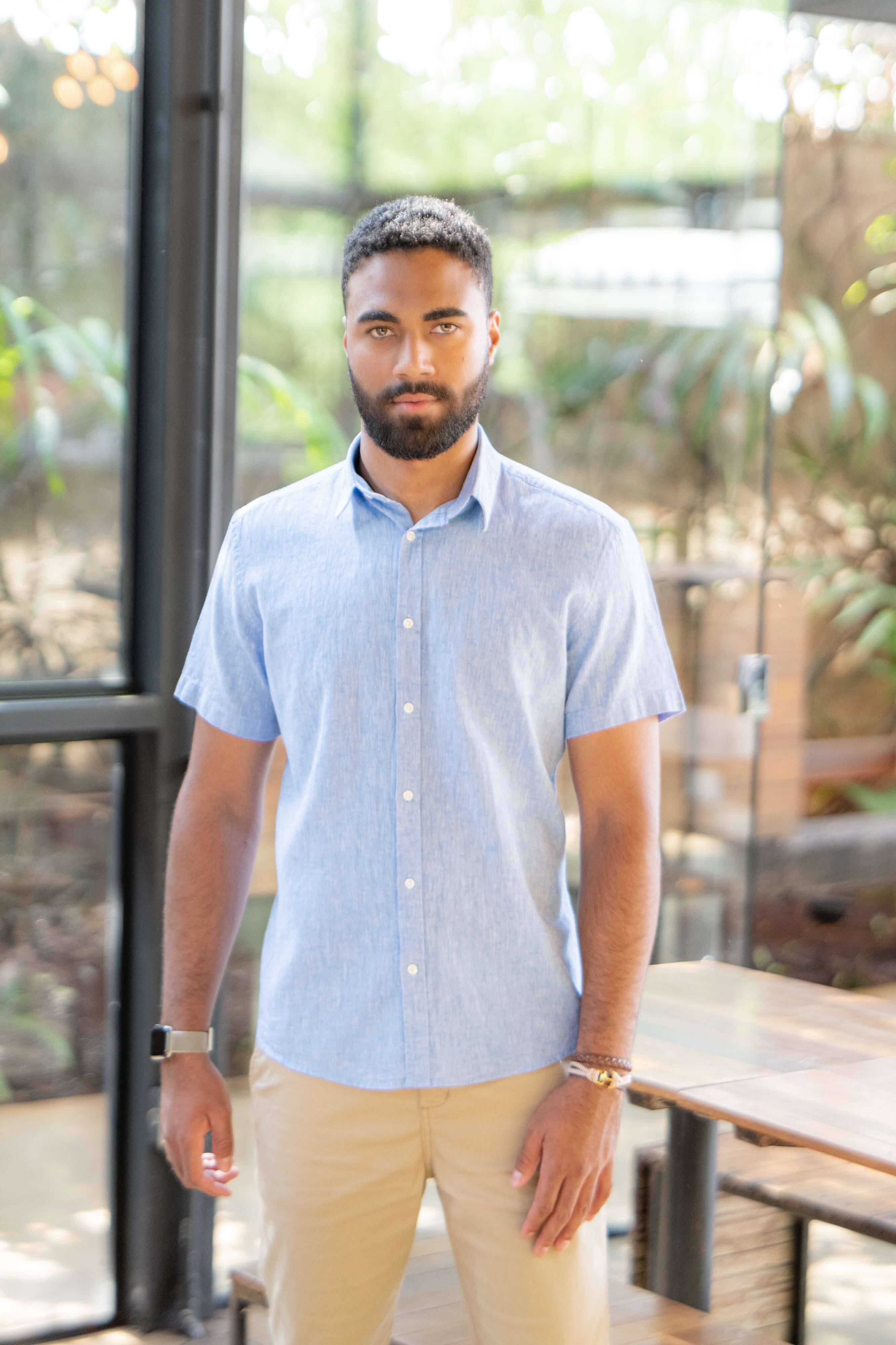 Camisa Oxford Slim Fit Masculina Manga Curta com Colarinho Button Down