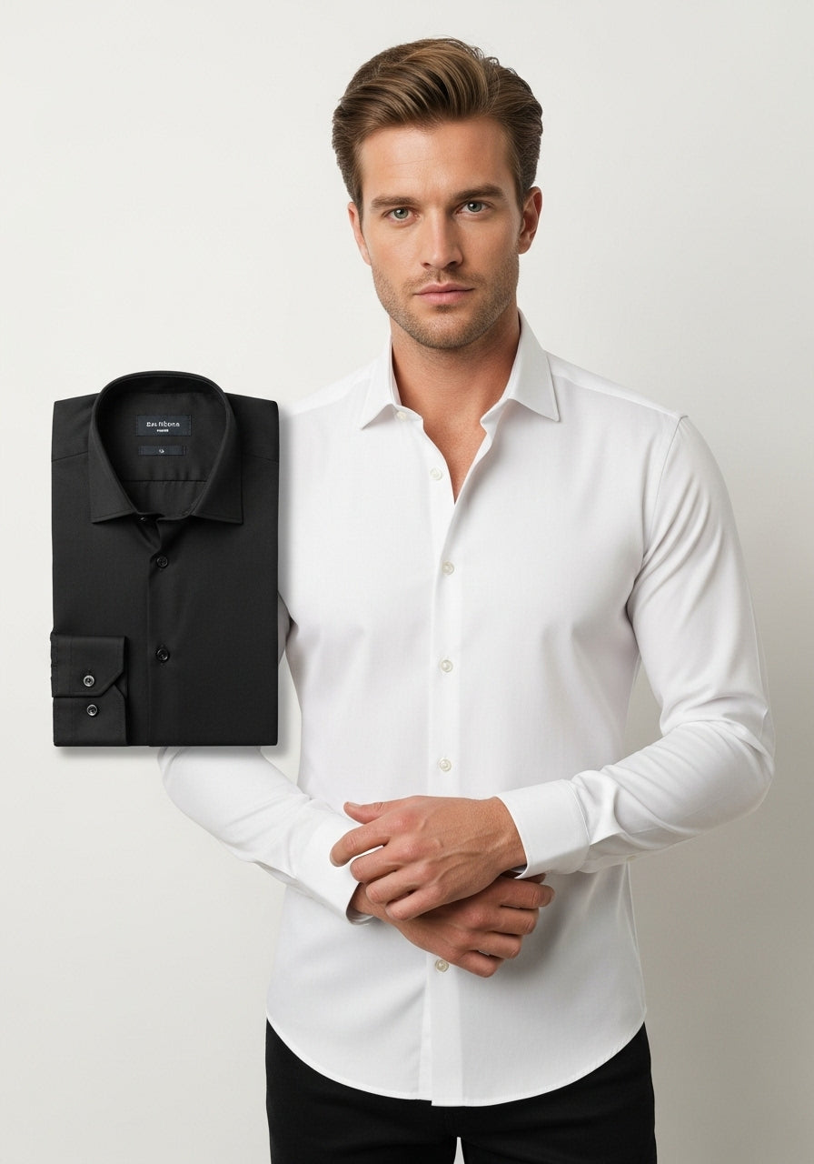 Kit 2 Camisas Social Masculina de Alfaiataria – Manga Longa, Gola Italiana, Elegante e Confortável - Pronta Entrega