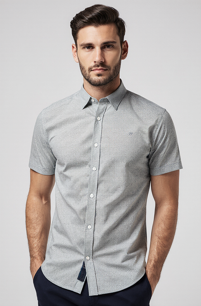 Camisa Oxford Slim Fit Masculina Manga Curta com Colarinho Button Down