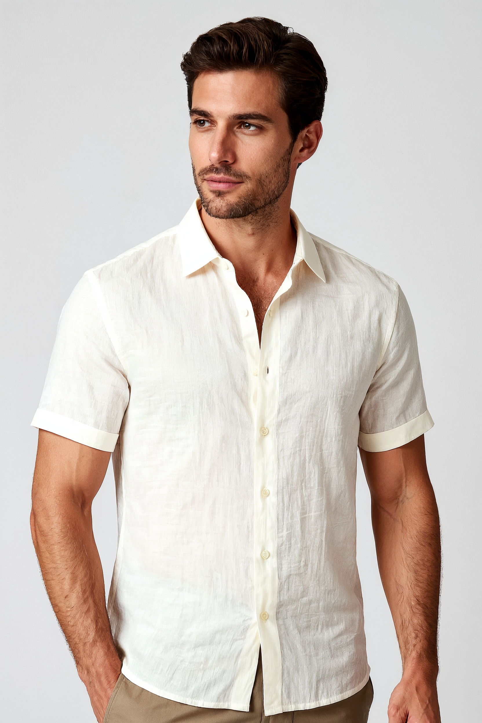 Camisa Manga Curta Slim Fit Linho Masculina Premium